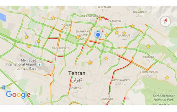 مشاهده ترافیک آنلاین تهران روی نقشه گوگل
